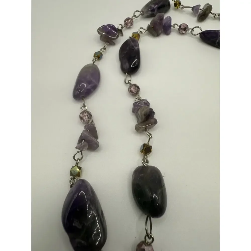 Silver Tone‎ Amethyst Beaded Necklace and Earring Set Pierced 24” Artisan Boho